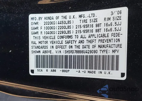 2006 Honda Cr-V Ex z USA, uszkodzony, nr VIN SHSRD78896U429090